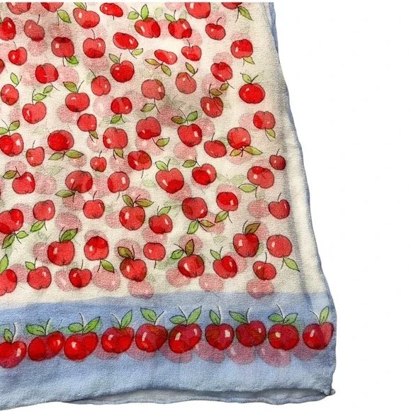 Vintage Style Cherry Print Sheer Scarf 40x14 Blue Border Lightweight Wrap - Picture 3 of 5